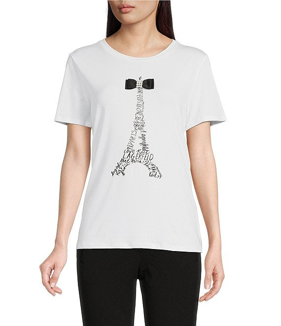 KARL LAGERFELD Eiffel Tower Bow Detail Jewel Neck Short Sleeve Knit Tee