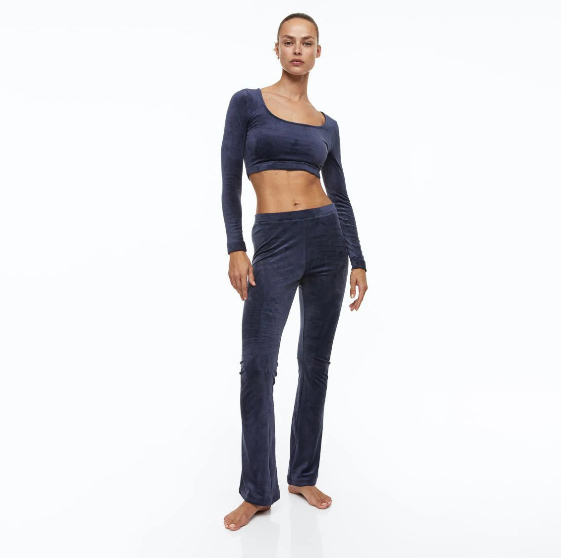 H&M Flared Velour Crop Top And Pants - Dark blue - Ladies