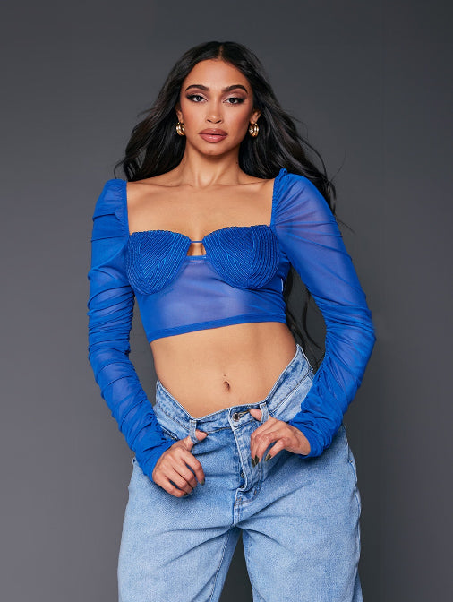 PRETTY LITTLE THING Blue Ruched Sleeve Textured Bust Crop Top