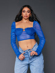 PRETTY LITTLE THING Blue Ruched Sleeve Textured Bust Crop Top