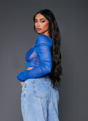 PRETTY LITTLE THING Blue Ruched Sleeve Textured Bust Crop Top