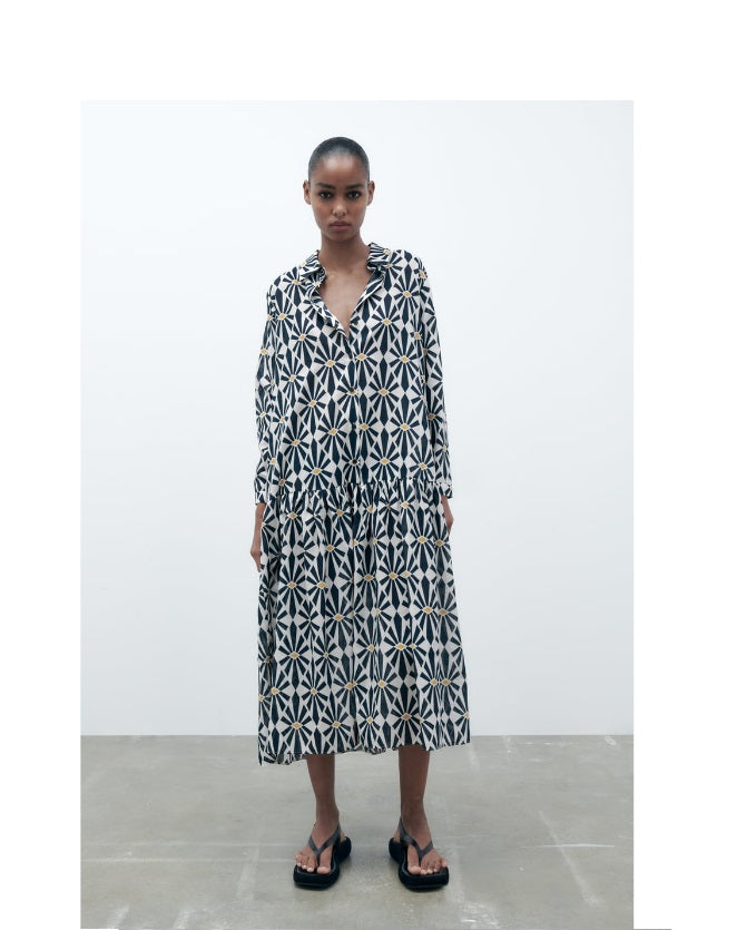 ZARA LONG PRINT DRESS - Black / White