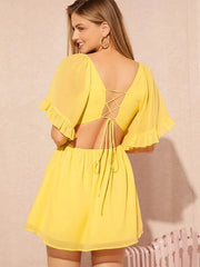 SHEIN X Mienne Plunging Neck Ruffle Trim Cut Out Front Lace Up Backless Dress