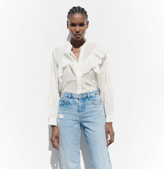 ZARA Ruffled Top With Openwork Embroidery - White