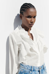 ZARA Ruffled Top With Openwork Embroidery - White