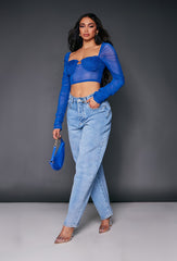 PRETTY LITTLE THING Blue Ruched Sleeve Textured Bust Crop Top