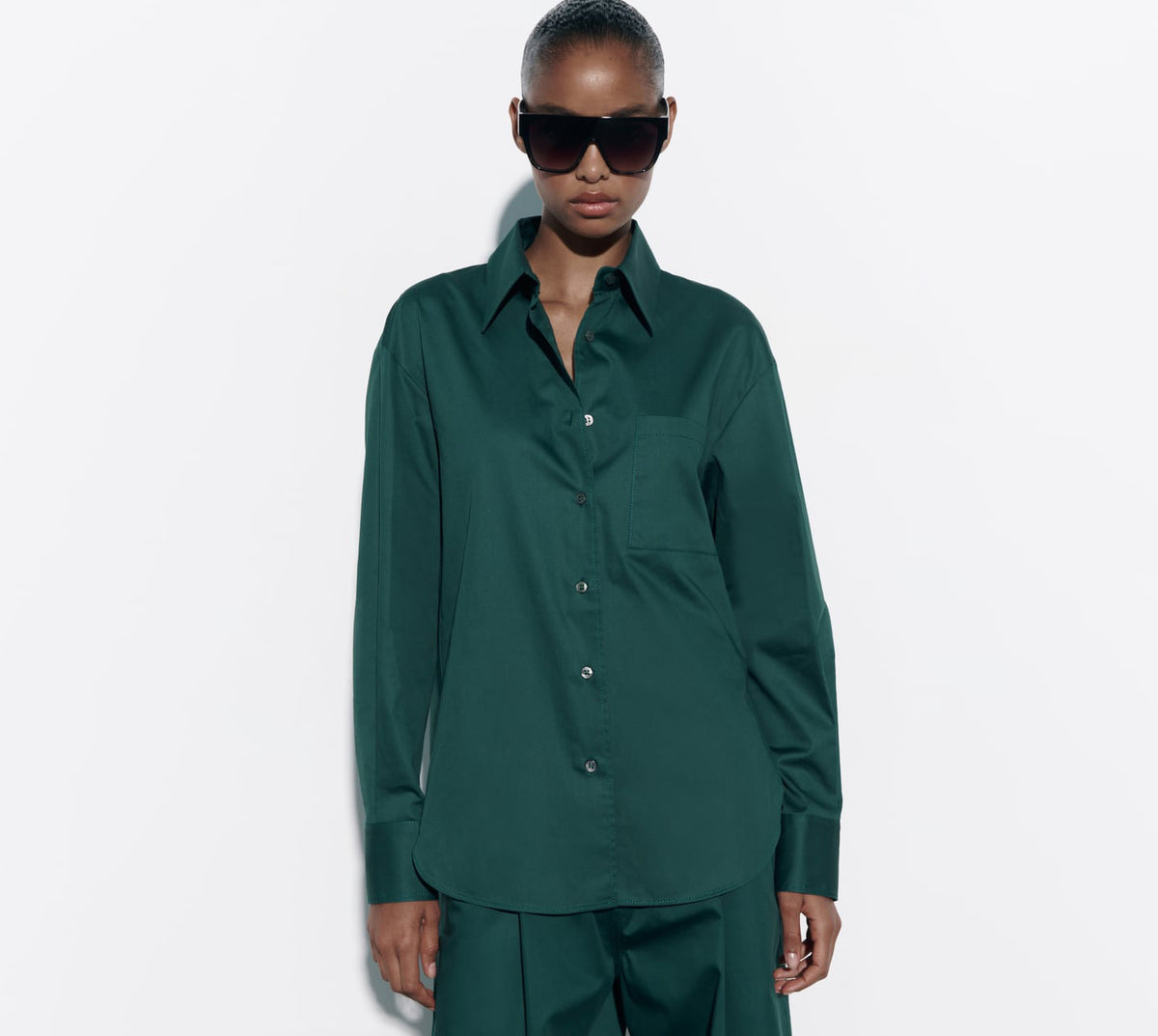 ZARA Asymmetric Poplin Shirt - Duck green