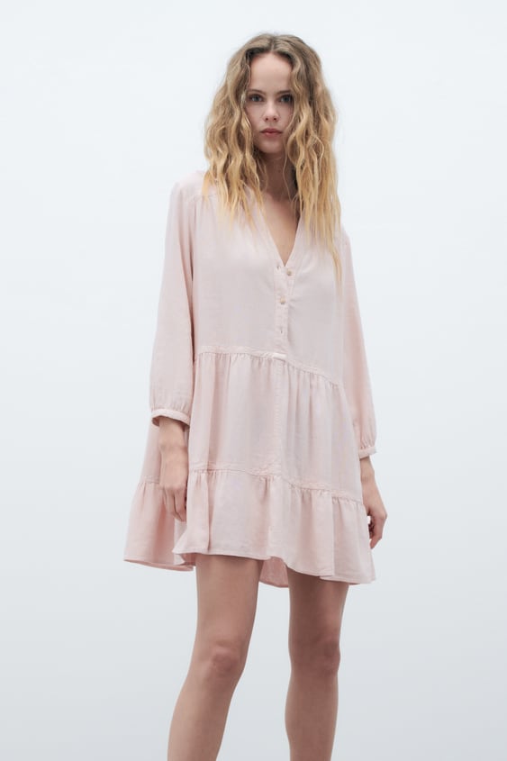 ZARA Short Tiered Dress - Pale pink