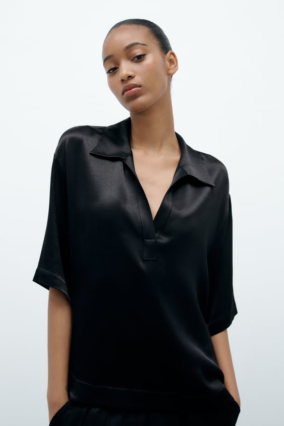 ZARA Satin Polo Collar Blouse - Black