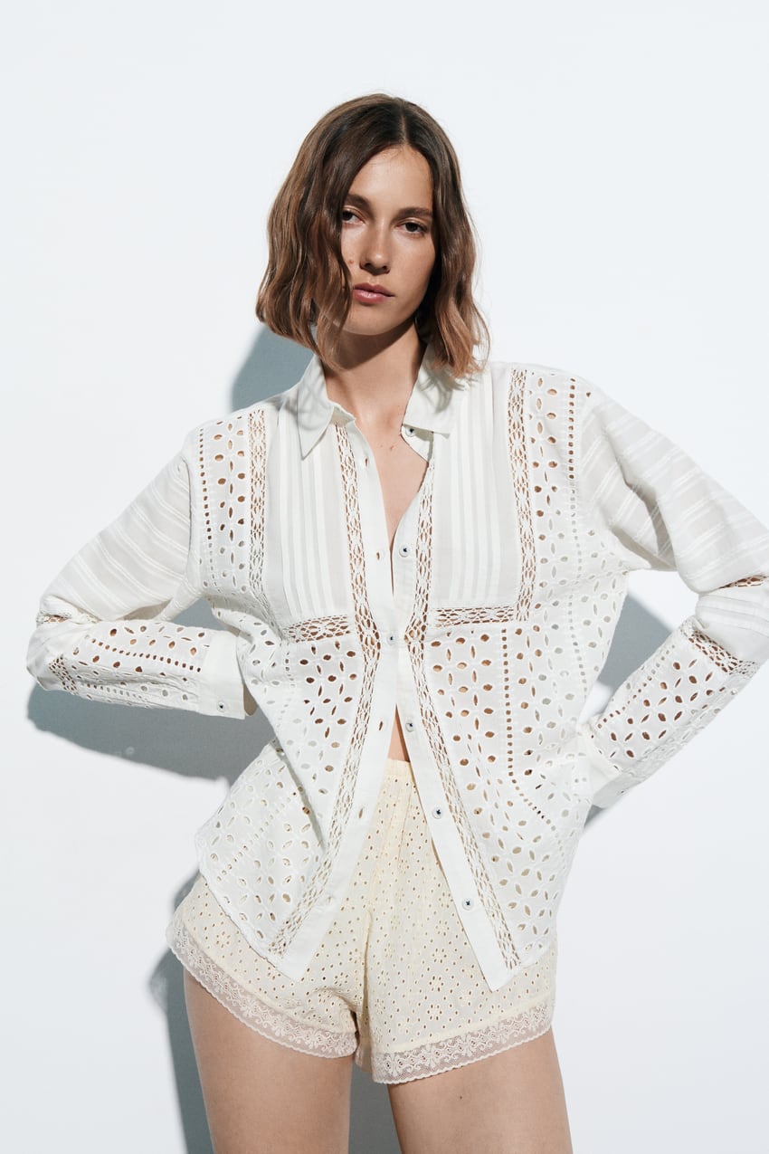 ZARA Embroidered Cotton Shirt - Oyster White