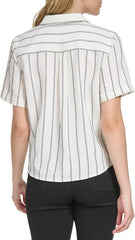 CALVIN KLEIN Texture Striped Print Point Collar Short Sleeve Button Front Knit Blouse