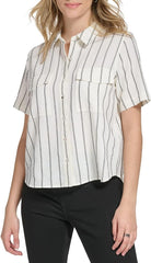 CALVIN KLEIN Texture Striped Print Point Collar Short Sleeve Button Front Knit Blouse