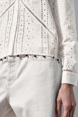 ZARA BEADED COTTON BLOUSE - Oyster White