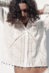 ZARA BEADED COTTON BLOUSE - Oyster White