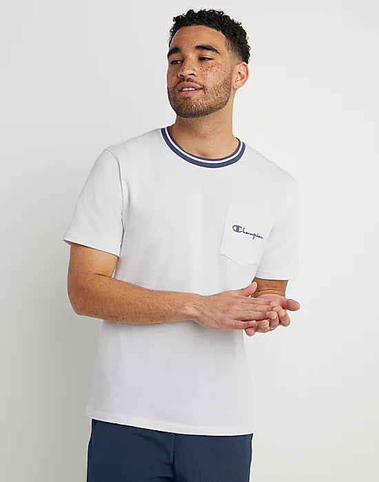 CHAMPION Tipped Collar Pocket Tee, Embroidered Script Logo