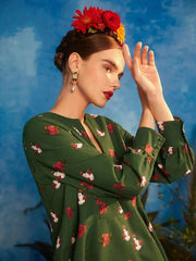 SHEIN X Frida Kahlo Designer Figure & Floral Print Lantern Sleeve High Low Hem Dress