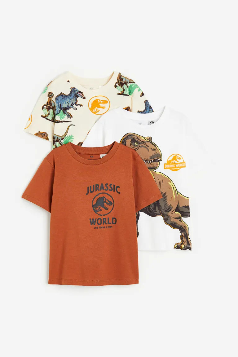 H&M 3-pack Printed T-shirts - Brown/Jurassic World