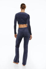 H&M Flared Velour Crop Top And Pants - Dark blue - Ladies