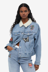 H&M Appliquéd Denim Jacket - Light denim blue/butterflies