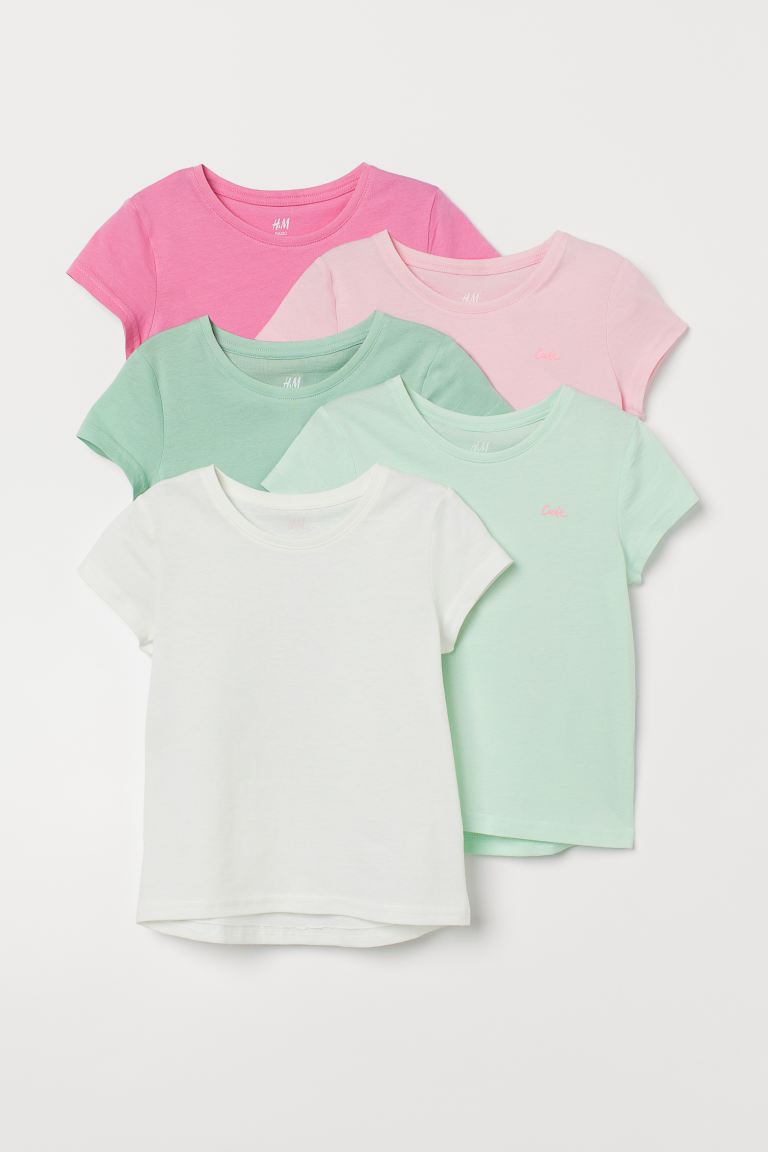 H&M 5-pack Jersey Tops - Pink/light green - Kids