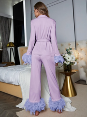 SHEIN Fuzzy Trim Belted PJ Set