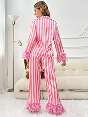 SHEIN Striped Fuzzy Trim Satin PJ Set