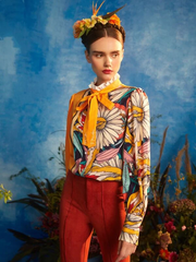 SHEIN Frida Kahlo X SHEIN X Designer Tie Neck Floral Print Bishop Sleeve Blouse