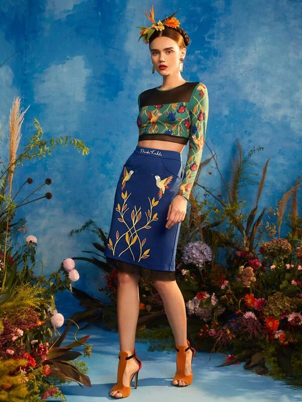 SHEIN Frida Kahlo X SHEIN X Designer Botanical and Bird Print Mesh Hem Pencil Skirt