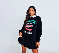 PRETTY LITTLE THING Black California Collar Detail Printed Sweatshirt