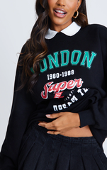 PRETTY LITTLE THING Black California Collar Detail Printed Sweatshirt