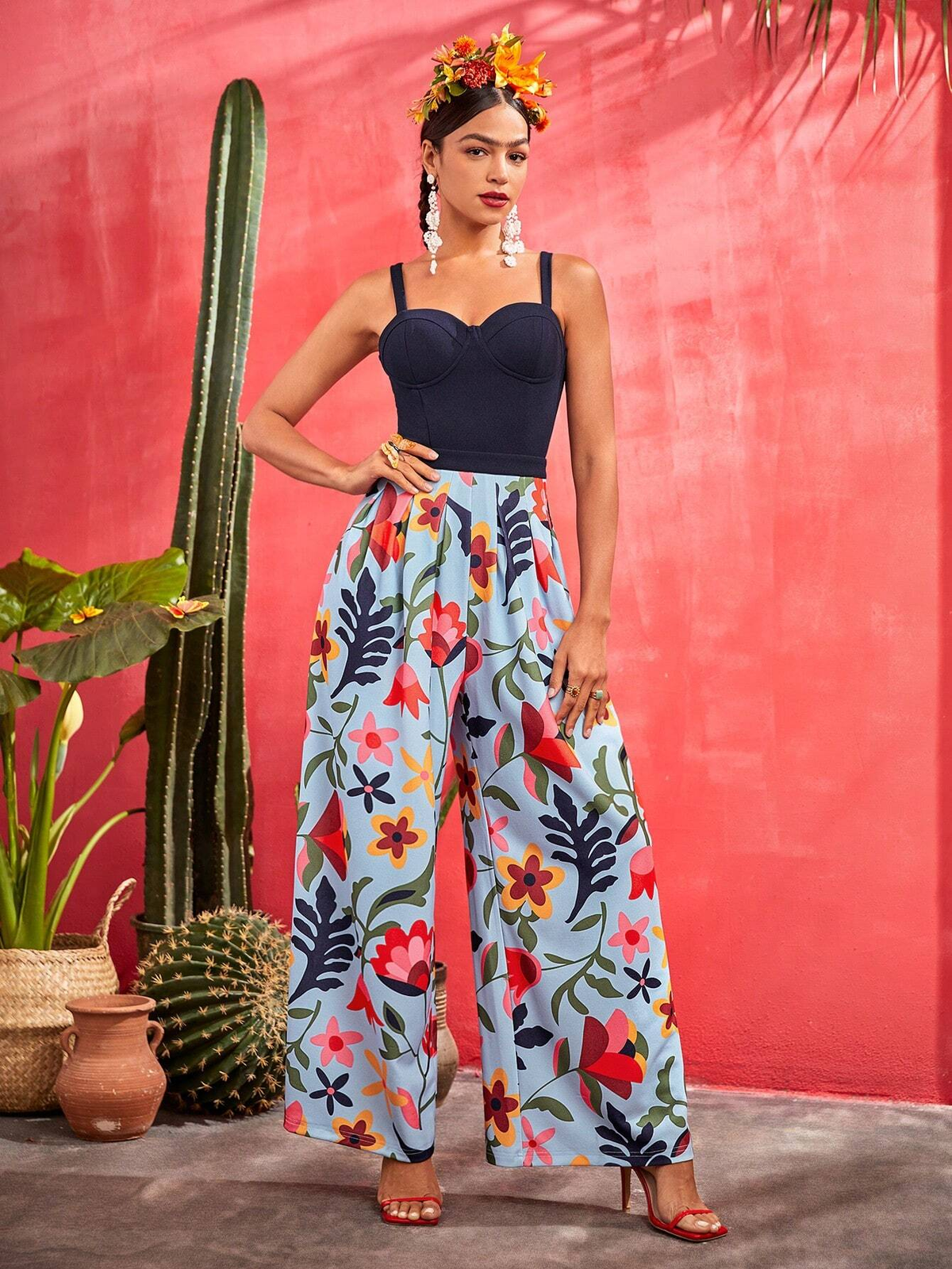 SHEIN X Frida Kahlo Floral Print Wide Leg Cami Jumpsuit