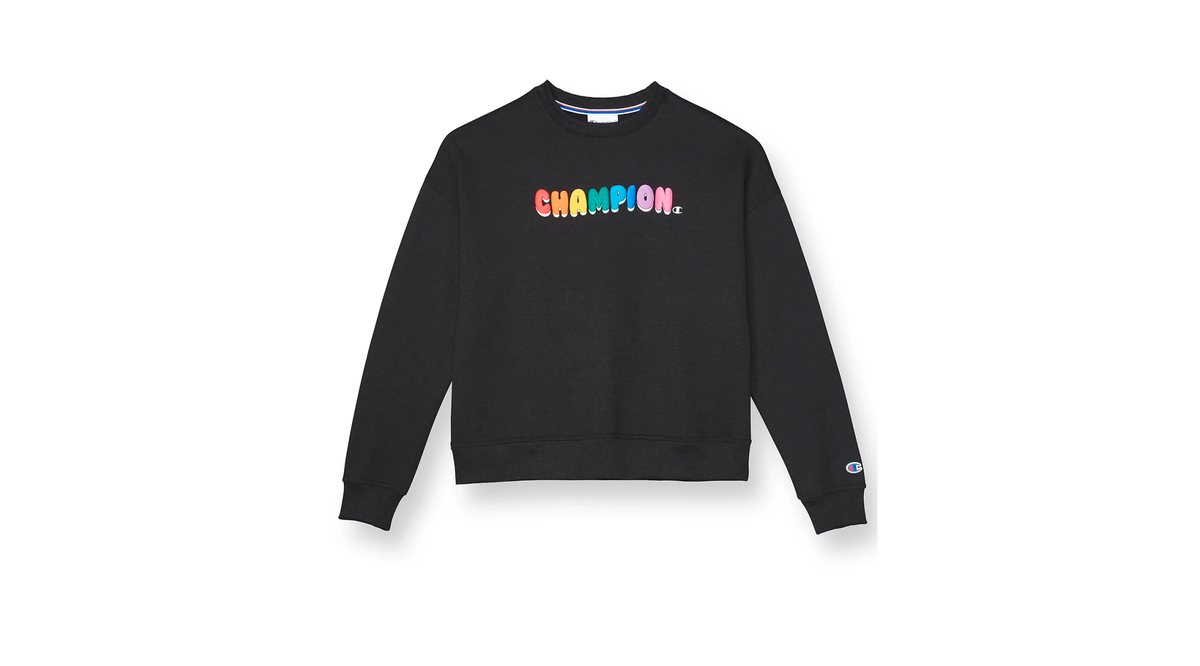 CHAMPION Women's Powerblend Fleece Relaxed Crew, Bubble Rainbow Script Logo