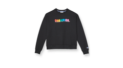 CHAMPION Women's Powerblend Fleece Relaxed Crew, Bubble Rainbow Script Logo