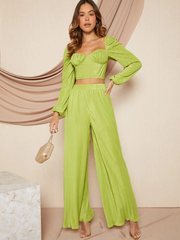 SHEIN X Mienne Sweetheart Neck Lantern Sleeve Crop Top & Wide Leg Pants