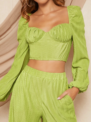 SHEIN X Mienne Sweetheart Neck Lantern Sleeve Crop Top & Wide Leg Pants