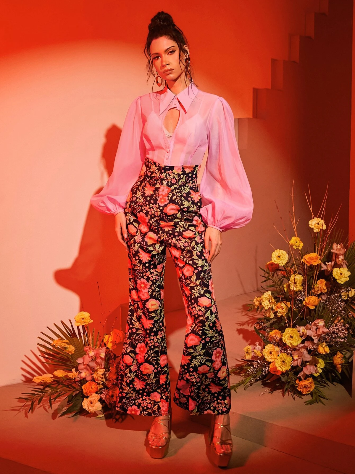 SHEIN X Eterna Floral Print Flare Leg Pants