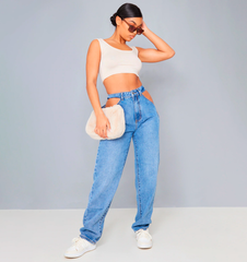 PRETTY LITTLE THING Mid Blue Wash Cut Out Waist Band 90'S Baggy Boyfriend Jeans