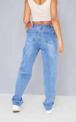 PRETTY LITTLE THING Mid Blue Wash Cut Out Waist Band 90'S Baggy Boyfriend Jeans