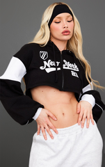 PRETTY LITTLE THING Black New York Crop Zip Panel Detail Hoodie