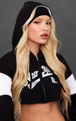 PRETTY LITTLE THING Black New York Crop Zip Panel Detail Hoodie