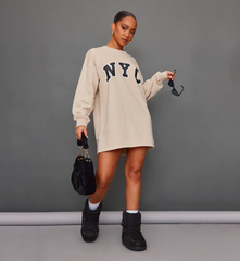 PRETTY LITTLE THING Petite Oatmeal NYC Sweatshirt Dress