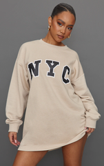 PRETTY LITTLE THING Petite Oatmeal NYC Sweatshirt Dress