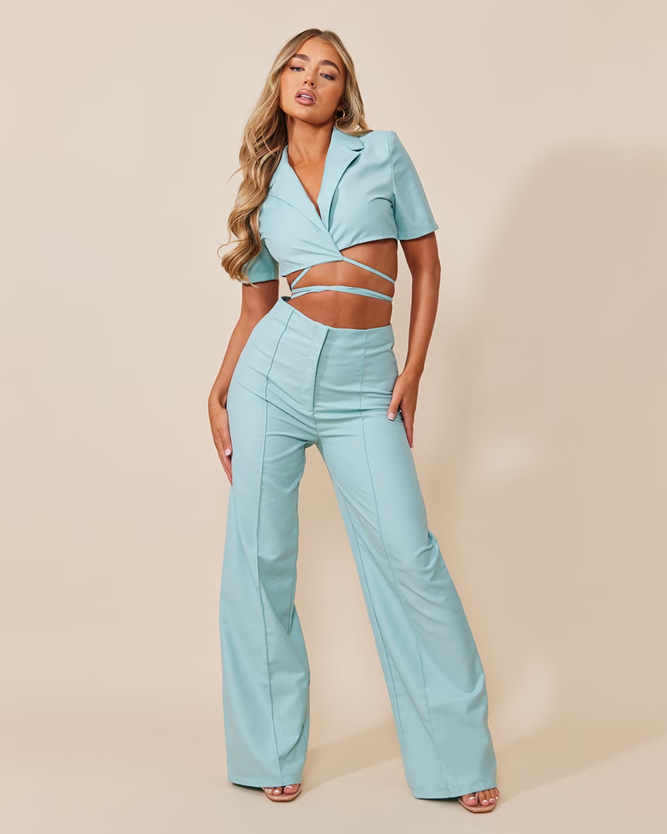 PRETTY LITTLE THING Pale Blue Tie Waist Short Sleeve Crop Blazer & Pants Set