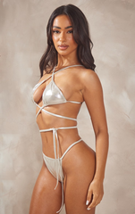 PRETTY LITTLE THING Petite Silver Metallic Bikini & Top Set