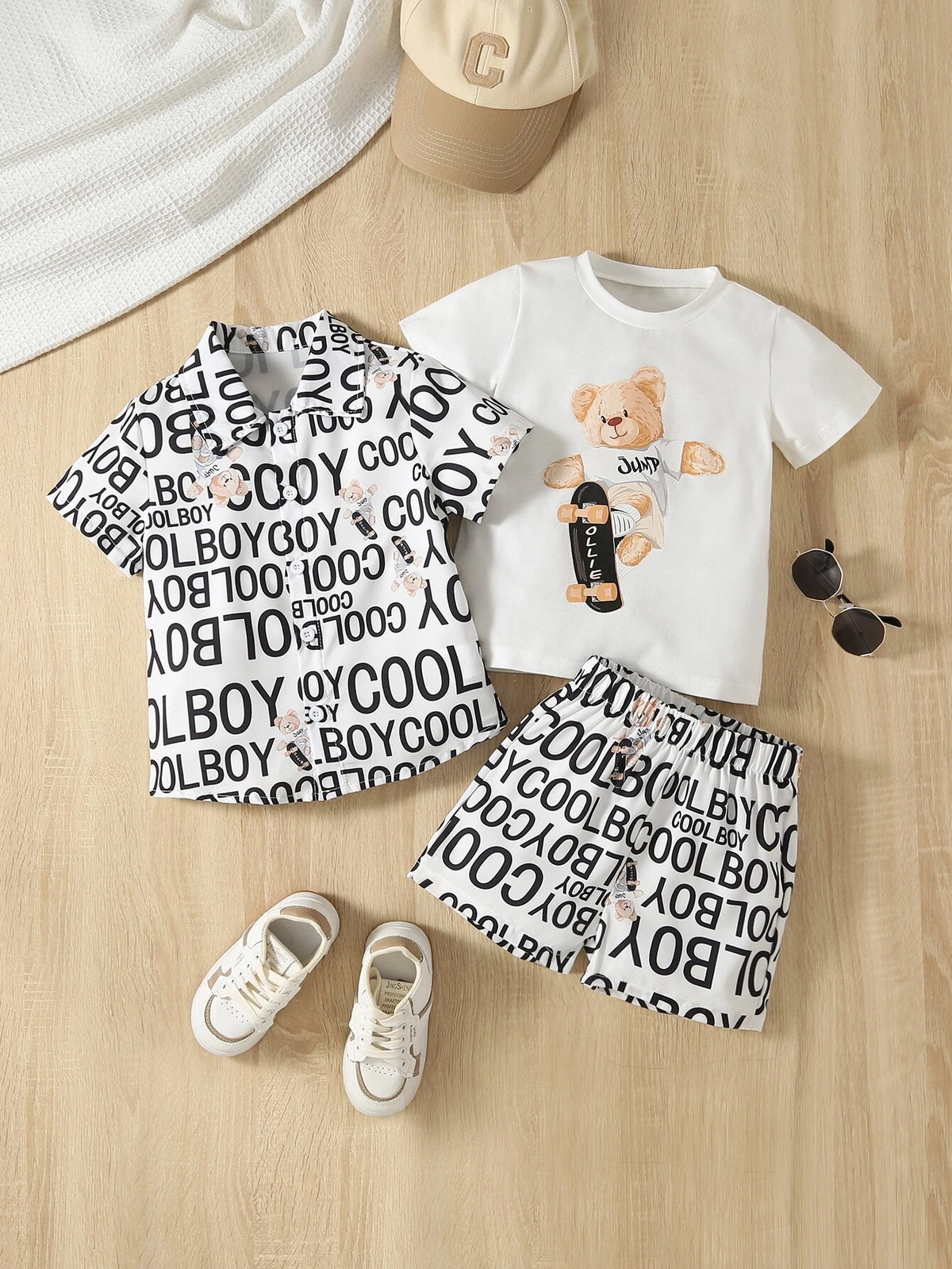 SHEIN Kids QTFun Toddler Boys Letter & Cartoon Graphic Shirt & Shorts & Tee