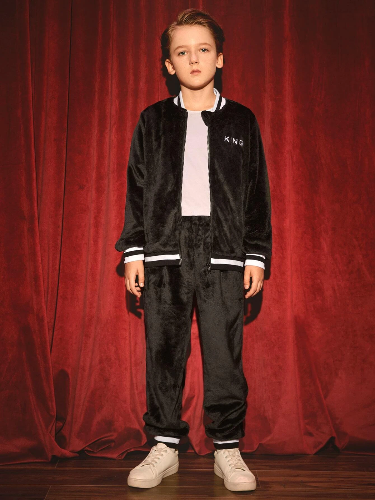 SHEIN Boys Letter Embroidery Striped Trim Bomber Jacket & Pants