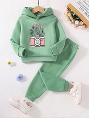 SHEIN Young Girl Camera & Floral Print Hoodie & Sweatpants