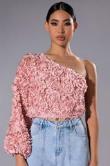 AKIRA LUCIA FLORAL APPLIQUE ONE SHOULDER CROP BLOUSE IN PINK