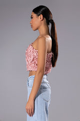 AKIRA LUCIA FLORAL APPLIQUE ONE SHOULDER CROP BLOUSE IN PINK