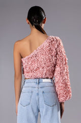 AKIRA LUCIA FLORAL APPLIQUE ONE SHOULDER CROP BLOUSE IN PINK